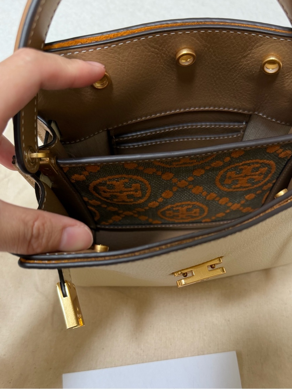 Tory Burch Leather Top-Handle Satchel in Cream and Brown - Picture 5 of 9